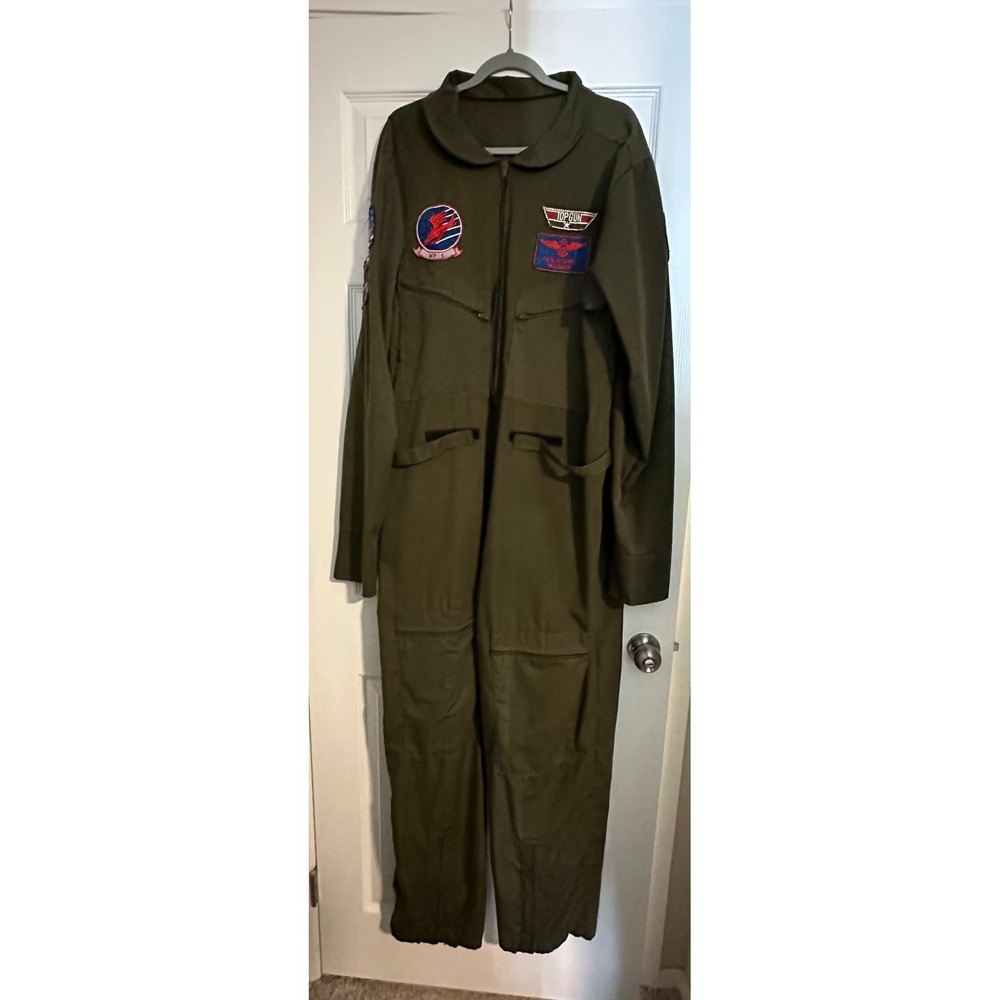Top Gun Maverick Flight Suit Costume Olive Green Pilot Jumpsuit Men XL Patches